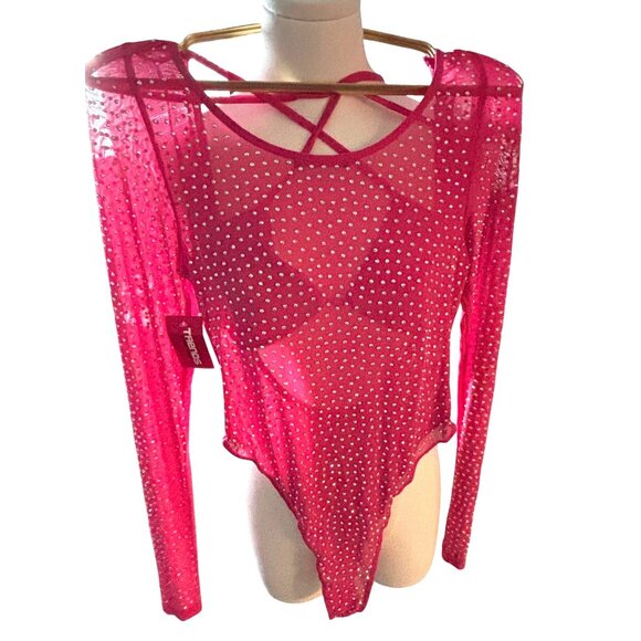 Hot Pink Rhinestone Long-Sleeve Sheer Bodysuit W/ Crisscross Halter Neck - Picture 1 of 4